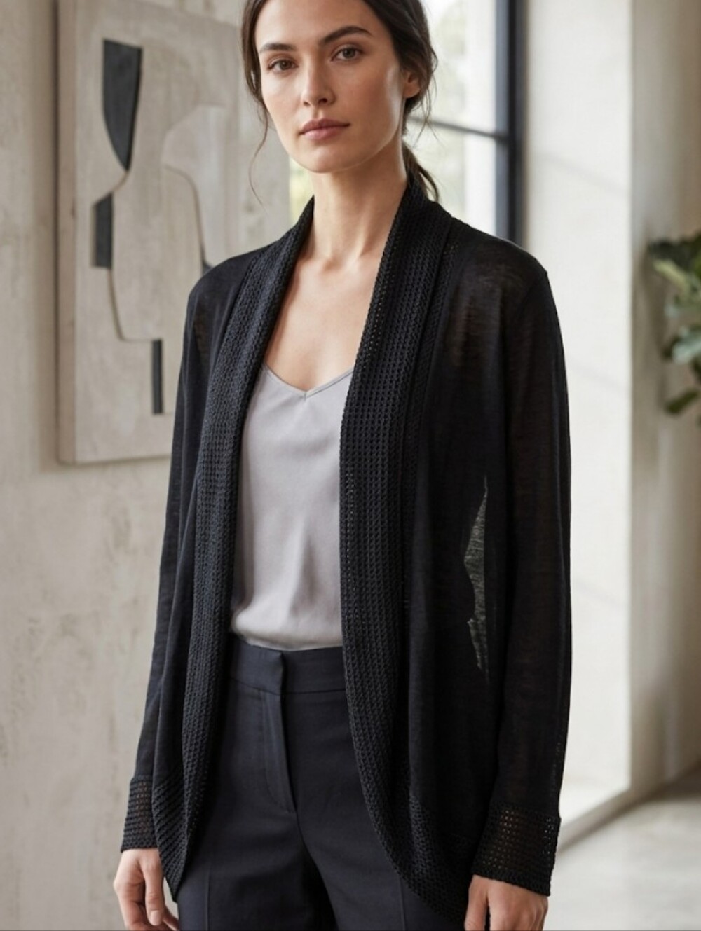 Source Unknown Black Open-Front Women’s Cardigan with Textured Trim